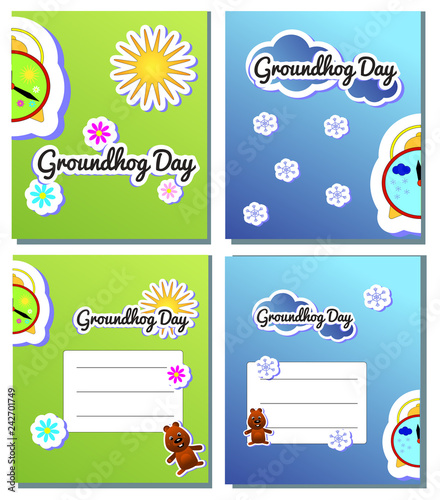 Set postcard for Groundhog Day cartoon holiday illustration design. Second February greeting poster, banner, card, scrapbook. photo