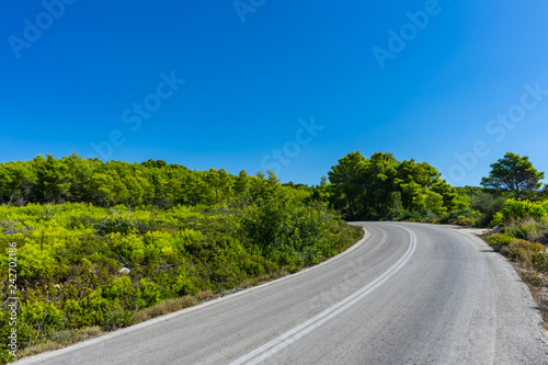 Greece, Zakynthos, Curved road through green paradise and blue sky
