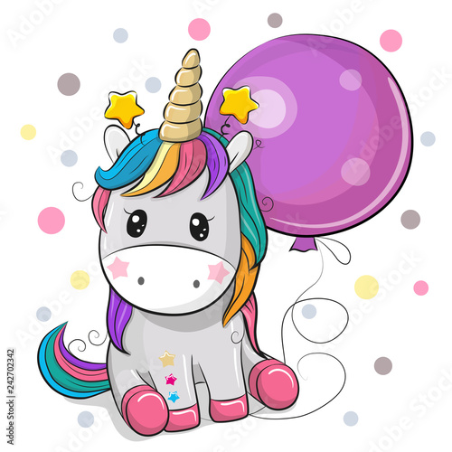 Cute Cartoon Unicorn with Balloon Fototapet