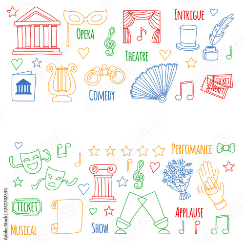 Vector set with theatre icons. Entertainment, show, musical perfomance