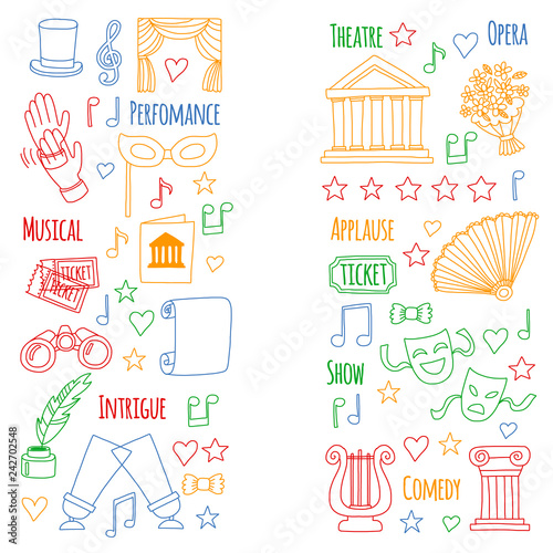 Vector set with theatre icons. Entertainment, show, musical perfomance