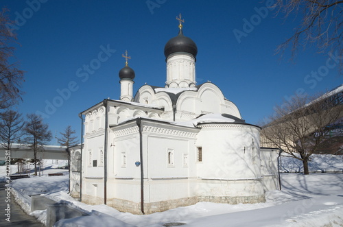 Moscow, Russia - March 19, 2018: Church of the Conception of Anna, in the Corner, in the natural landscape Park "Zaryadye" in Sunny day