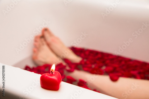 Valentines day romantic bath, home spa, bath with rose petails, red hear candle,self care