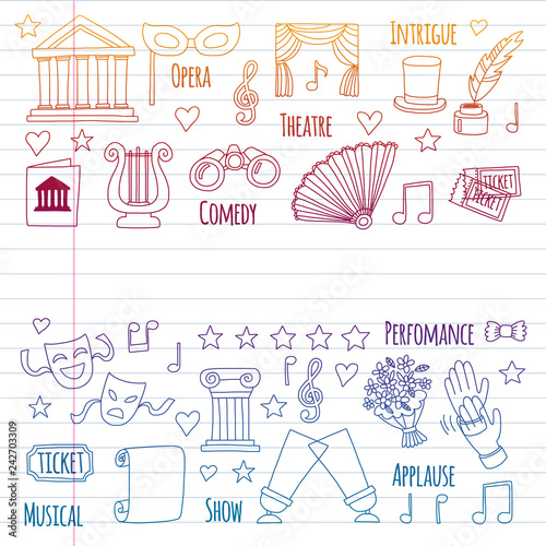 Vector set with theatre icons. Entertainment, show, musical perfomance