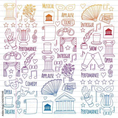 Vector set with theatre icons. Entertainment, show, musical perfomance