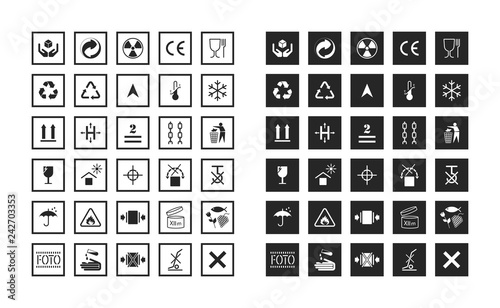 Collections of basic informational signs for labeling on cardboard boxes. Logistics icons for products, labels, containers. Commodity and manipulation symbols. Pictogram in flat style.