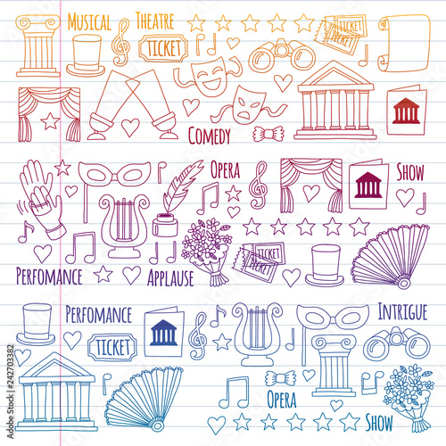 Vector set with theatre icons. Entertainment, show, musical perfomance
