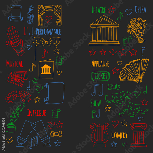 Vector set with theatre icons. Entertainment, show, musical perfomance