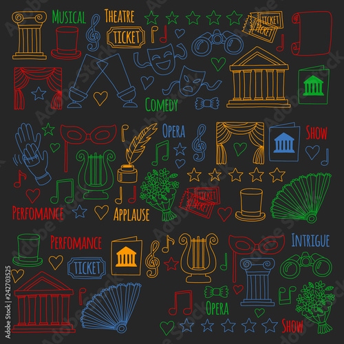 Vector set with theatre icons. Entertainment, show, musical perfomance
