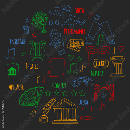Vector set with theatre icons. Entertainment, show, musical perfomance