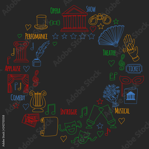 Vector set with theatre icons. Entertainment, show, musical perfomance