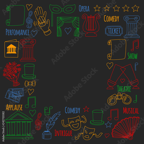 Vector set with theatre icons. Entertainment, show, musical perfomance