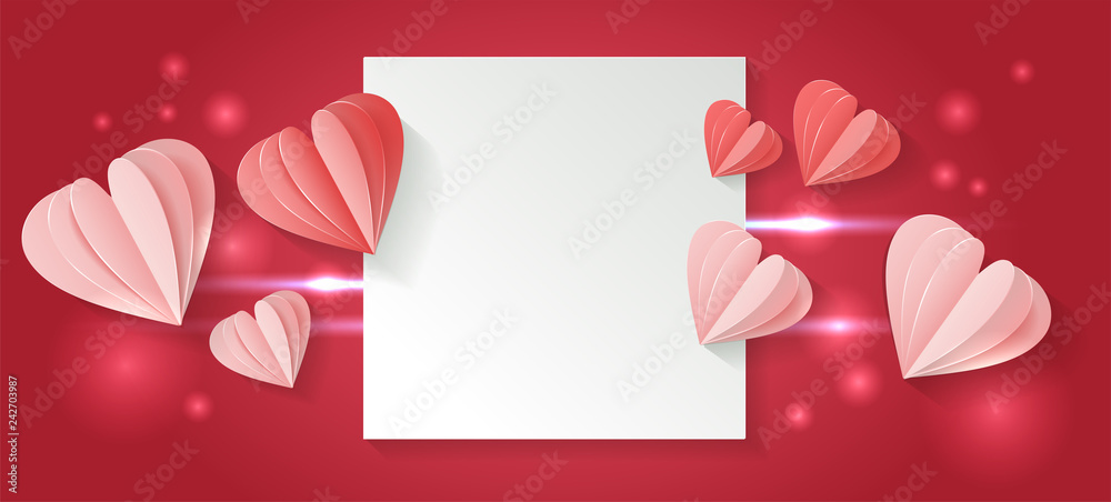 Valentines day horisontal background with paper cut red and pink heart ...