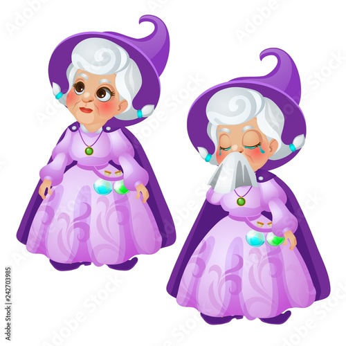 An elderly woman fairy in a purple suit and hat is crying isolated on white background. Vector cartoon close-up illustration.
