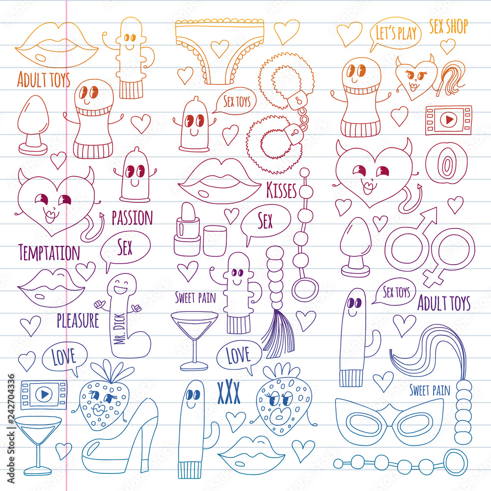 Funny icons for sex shop. Cute cartoon characters. Dildo, strawberry, condom, heart. Love and play Funny icons for sex shop. Cute cartoon characters. Dildo, strawberry, condom, heart. Love and play
