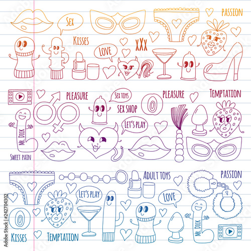 Funny icons for sex shop. Cute cartoon characters. Dildo, strawberry, condom, heart. Love and play