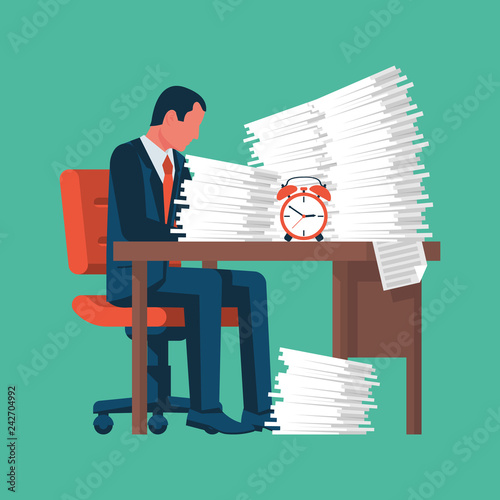 Businessman working with a pile of papers. A lot of work. A stack of documents. Vector illustration flat design. Isolated on background. Paperwork concept.