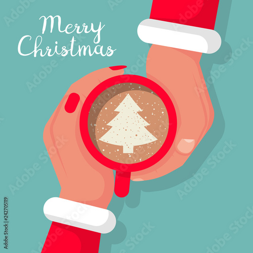 Man and woman in Santa Claus costumes are hold cup of coffee with cream, drawing chocolate christmas tree. Hot drink. Happy New Year and Merry Christmas banner, template. Vector illustration flat
