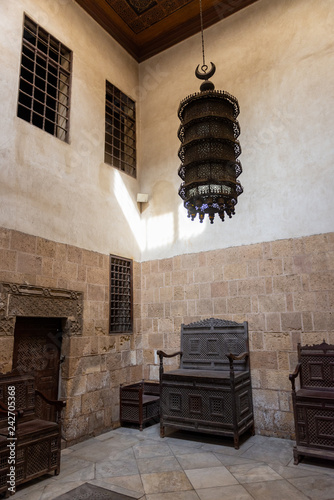 Interior room in the Bayt Al-Suhaymi, House of Suhaymi, is an old Ottoman era house museum in islamic Cairo, Egypt. photo