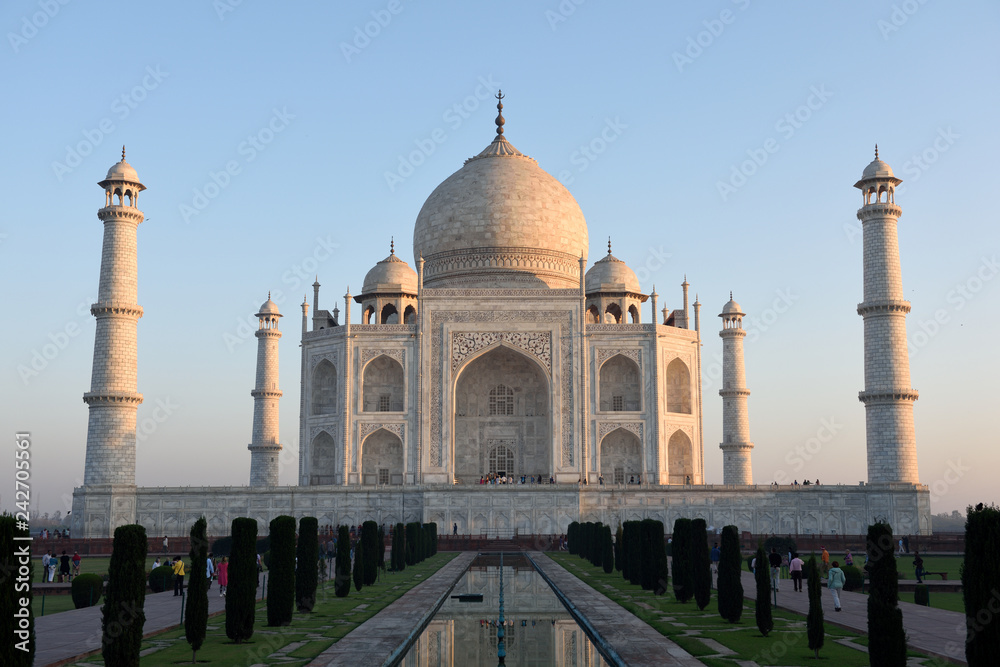 Early morning light on the white marble tiles of the Taj Mahal, Agra, India.	
