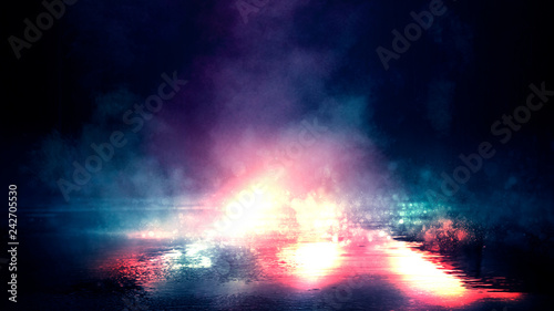 Wet asphalt, night view, scene with sparks and neon highlights and lights. Reflection in water neon rays, abstraction.
