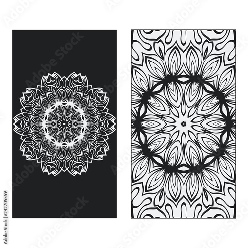 two Yoga card, flyer, poster. Template with mandala for spiritual retreat or yoga studio. Business cards, oriental pattern. Vector illustration. Islam, arabic, indian, ottoman motifs. Black, white