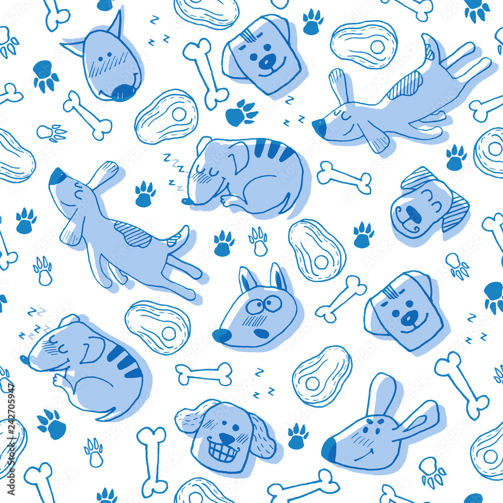 Hand doodle with funny blue dogs, paw prints and bones. Vector seamless pattern wallpaper, background. Cute surface design for fabric, textile design, wrapping paper