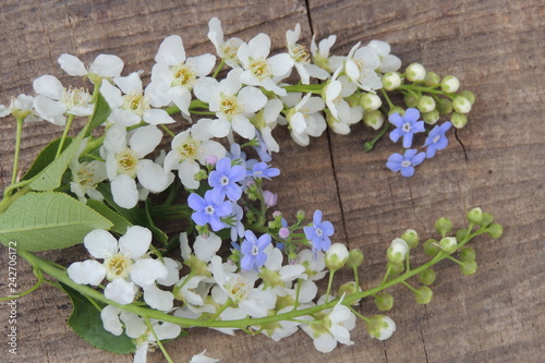 Букет белых весенних цветов на деревянном фоне 