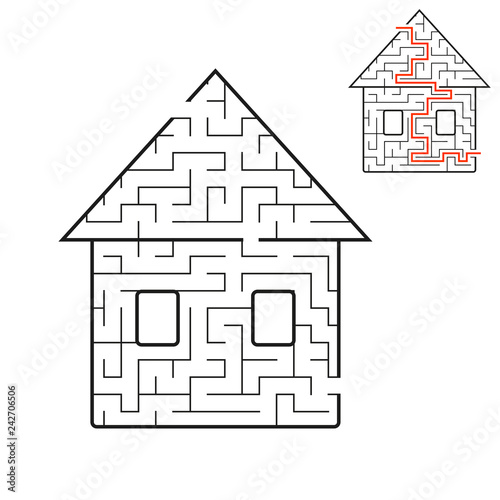 Maze is a nice house. Game for kids. Puzzle for children. Cartoon style. Labyrinth conundrum. Black and white vector illustration. With answer. The development of logical and spatial thinking.