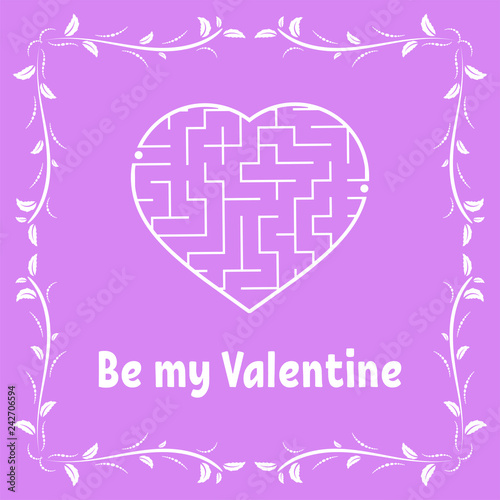 Color greeting card with heart shaped labyrinth. Happy Valentine's Day. Game for kids and adults. Puzzle for children. Maze conundrum. Vector illustration. Vintage frame.