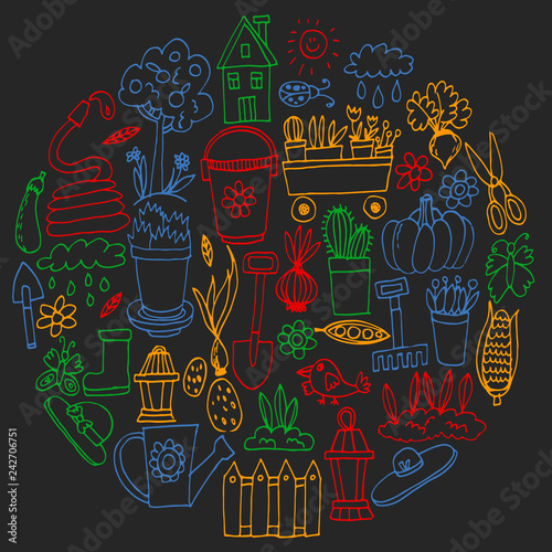 Garden, agriculture, garden tools, equipment, harvest. Icons of gardening items.