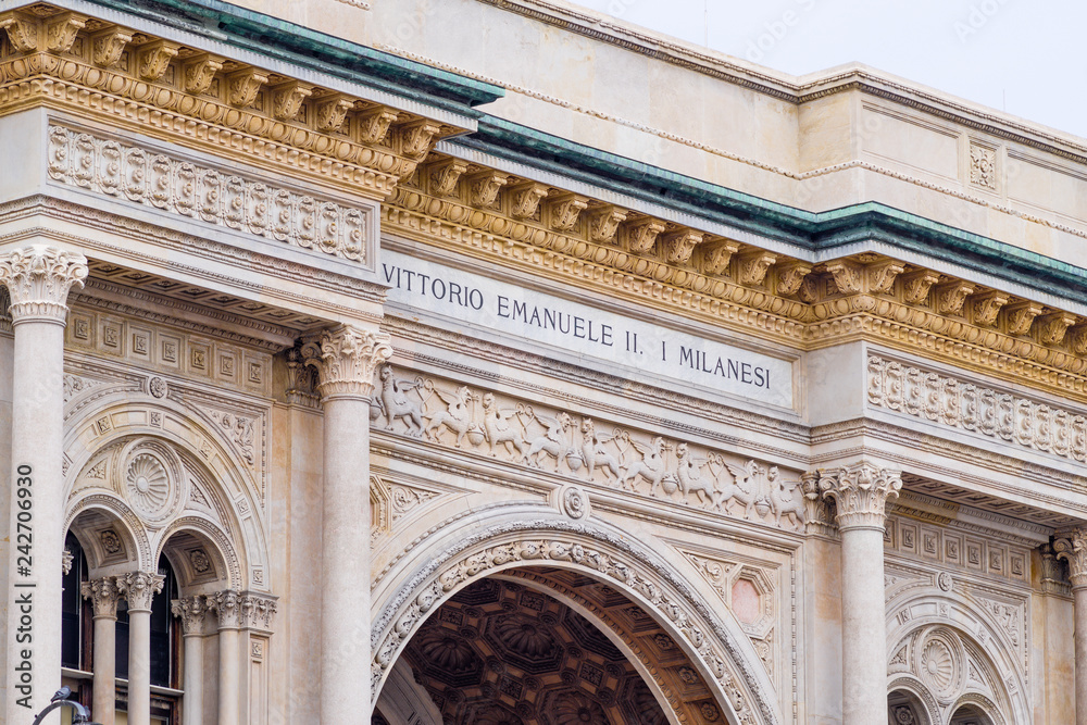 Detail of landmark Galleria Vittorio Emanuelle II on Piazza di Duomo in Milan, Itlay