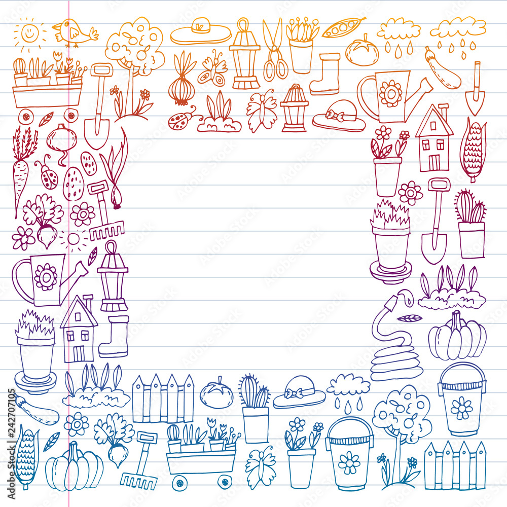 Fototapeta premium Garden, agriculture, garden tools, equipment, harvest. Icons of gardening items.