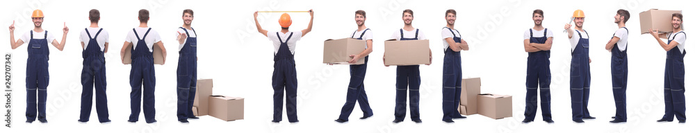 panoramic collage of male handyman isolated on white panoramic collage of male handyman isolated on white