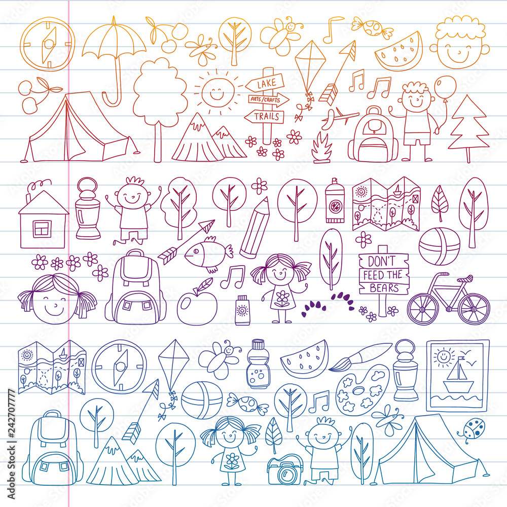 Vector set of camping, hiking icons for little children. School and kindergarten kids vacation. Vector set of camping, hiking icons for little children. School and kindergarten kids vacation.