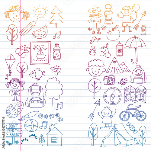 Vector set of camping, hiking icons for little children. School and kindergarten kids vacation.