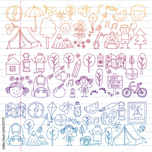 Vector set of camping, hiking icons for little children. School and kindergarten kids vacation.
