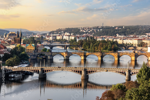 Charles bridge and other bridges in Prague, aerial view