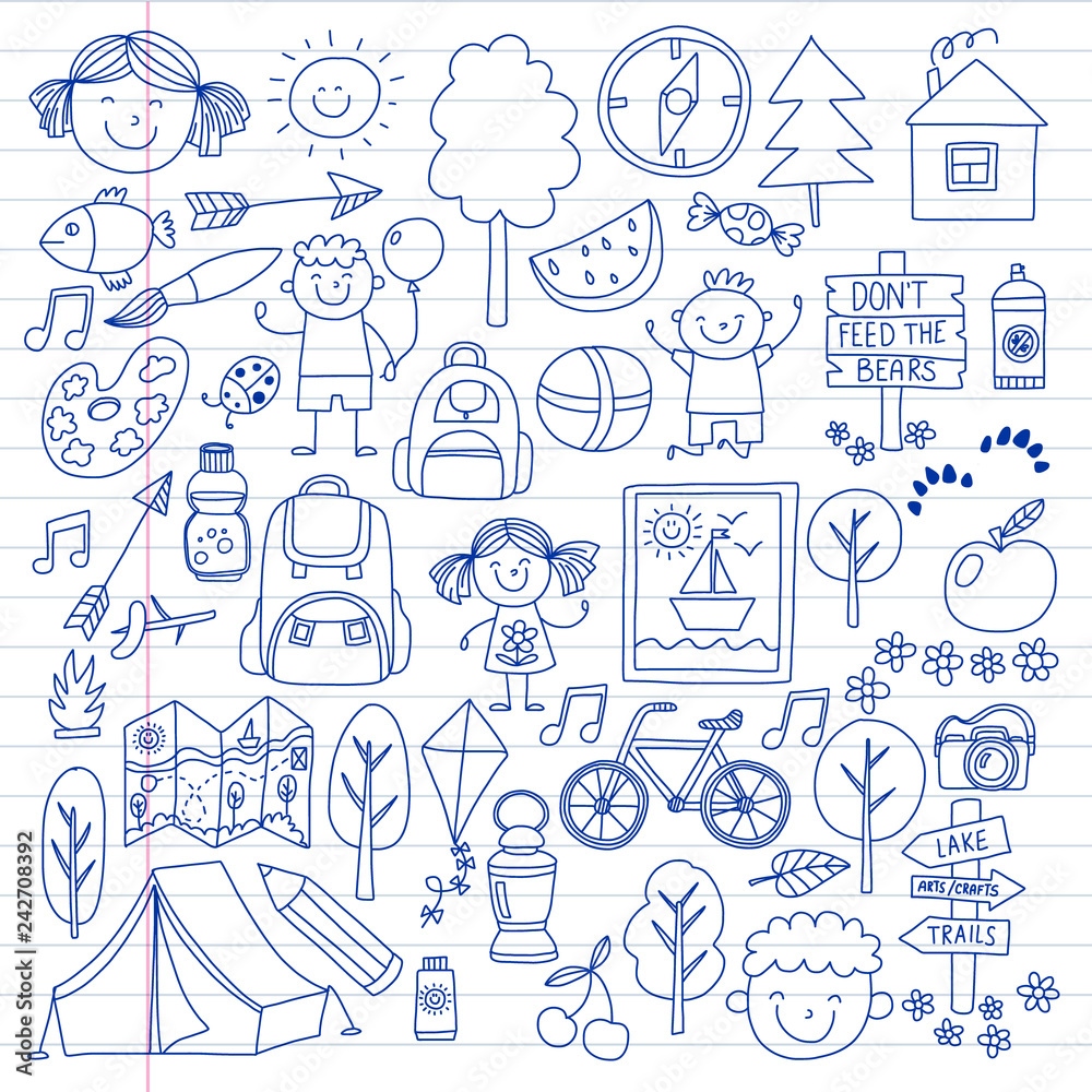 Vector set of camping, hiking icons for little children. School and kindergarten kids vacation.