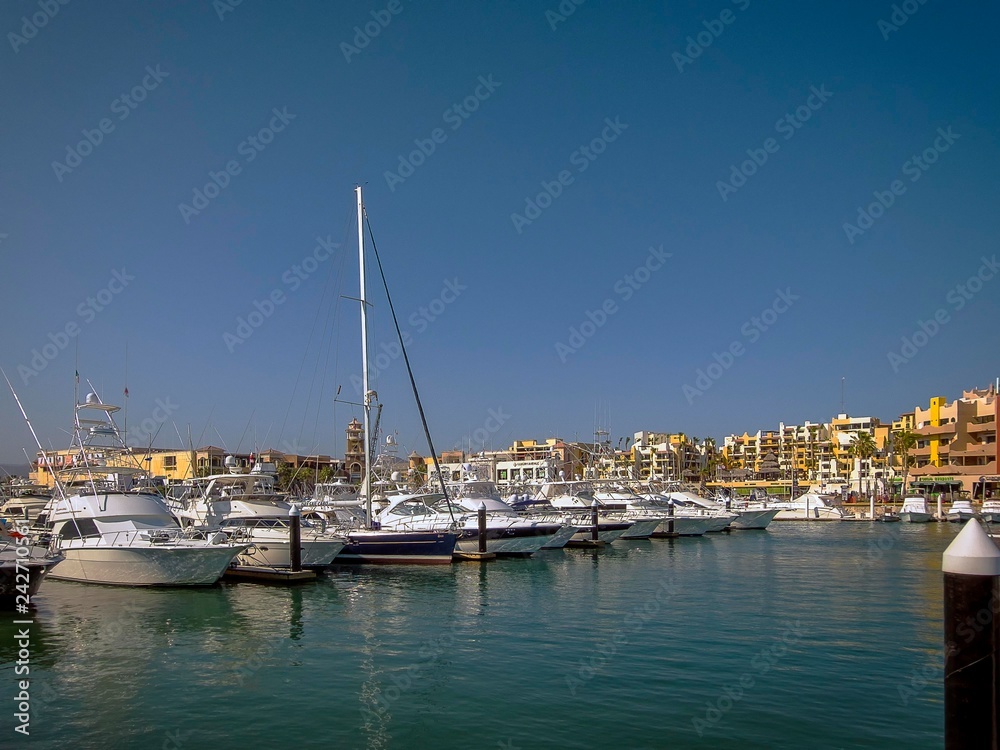 Various boats and yachts moored at the marina in Los Cabos, Baja California, Mexico