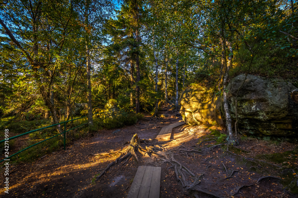 Sandstone rocks on the top of Table mountains with wooden walkways Sandstone rocks on the top of Table mountains with wooden walkways