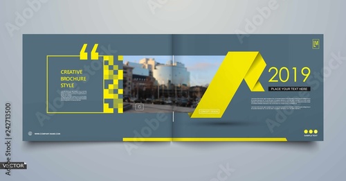 Gray, art business book mockup. A4 brochure cover design. Hi tech info banner. Title sheet model set. Modern vector front page art. Urban city house texture. Yellow line frame icon. Flyer text font
