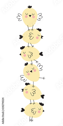 Cute Cartoon yellow Chickens standing one on another. Nursery illustration isolated on white. Flat vector graphics.