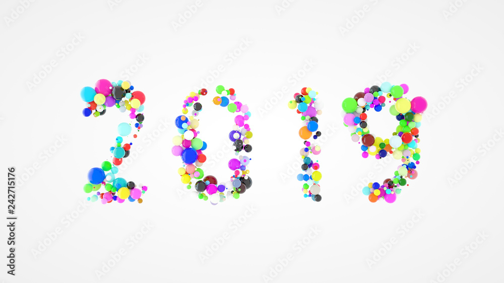 Happy New year 2019 word lettering made with colorful spheres floating and isolated on white background. 3d illustration