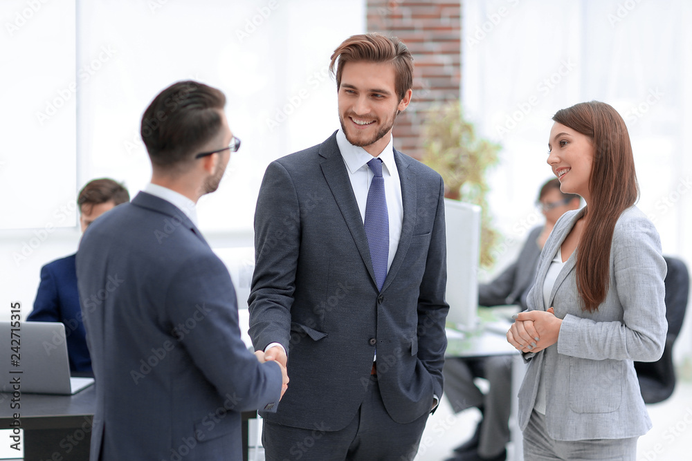 Businesswoman introduce businessman for working at office Businesswoman introduce businessman for working at office
