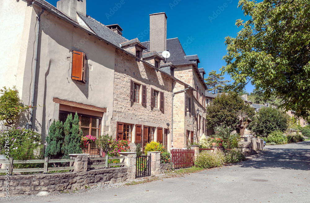 Streets of Conques in the mountains of southern France on a sunny day