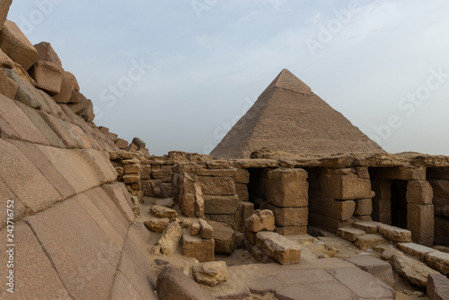 View on the Pyramid of Khafre with the Funerary Temple of the Pyramid of Menkaure in the foreground