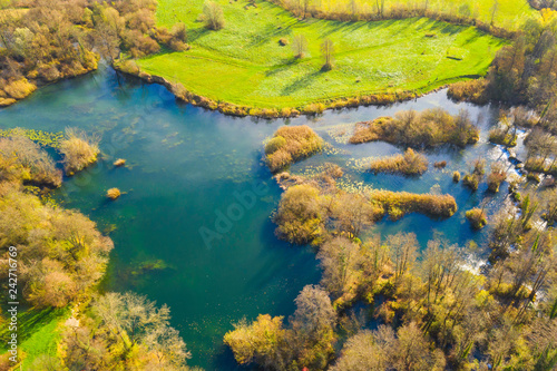 Fototapeta Naklejka Na Ścianę i Meble -      Croatia, Mreznica river, countryside landscape panoramic view from drone on waterfalls and trees in autumn 