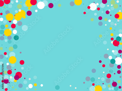 Flying multicolored confetti on a blue background. Red, pink, blue, yellow circles.