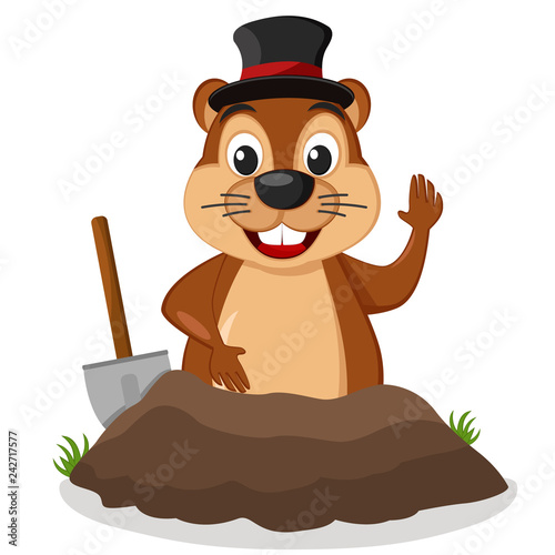Groundhog crawled out of the ground and waving his paw on a white.
